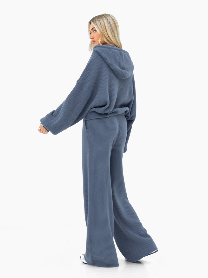 Zoey Ribbed 1/4 Zip Hoodie- Smoky Blue