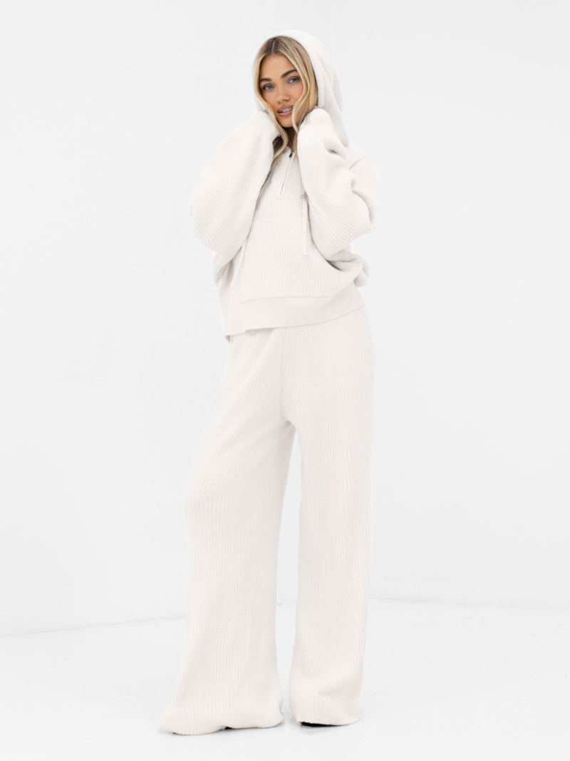 Zoey Ribbed 1/4 Zip Hoodie - Off White