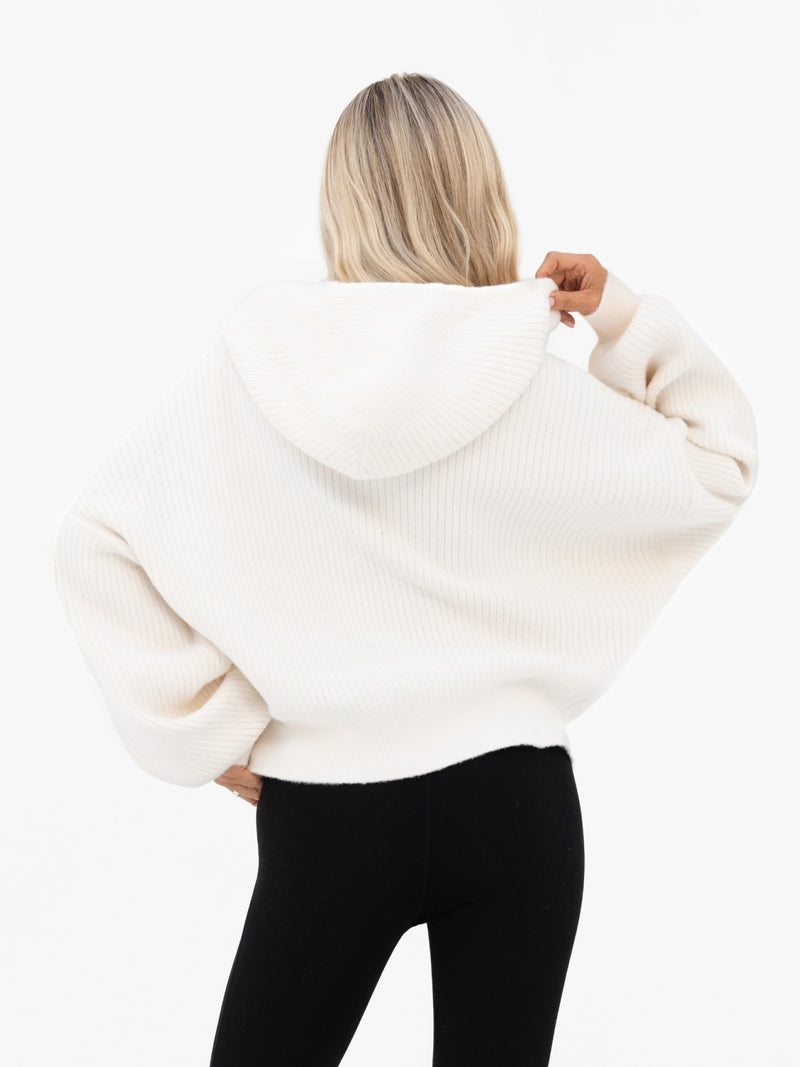 Zoey Ribbed 1/4 Zip Hoodie - Off White