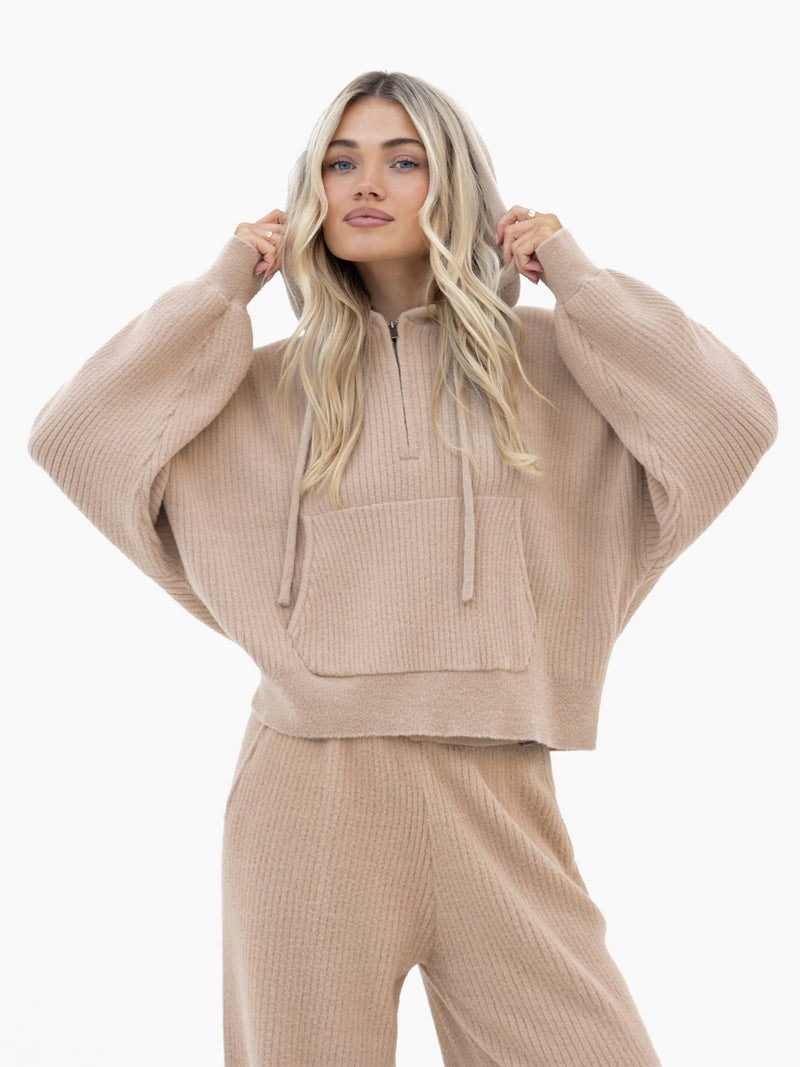 Zoey Ribbed 1/4 Zip Hoodie - Tan