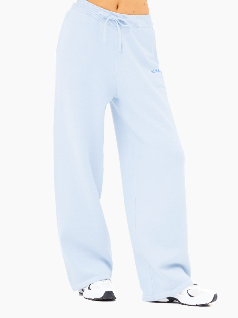 Varsity Knitted Wide Leg Sweatpants - Baby Blue