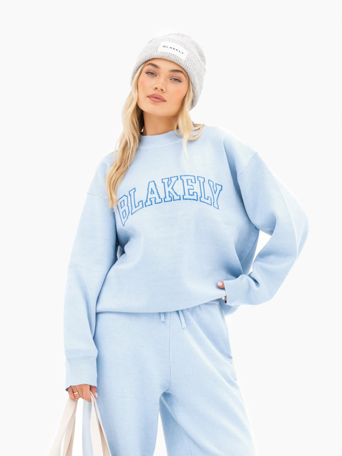 Varsity Oversized Knitted Sweater - Baby Blue