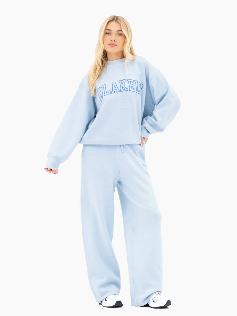 Varsity Knitted Wide Leg Sweatpants - Baby Blue