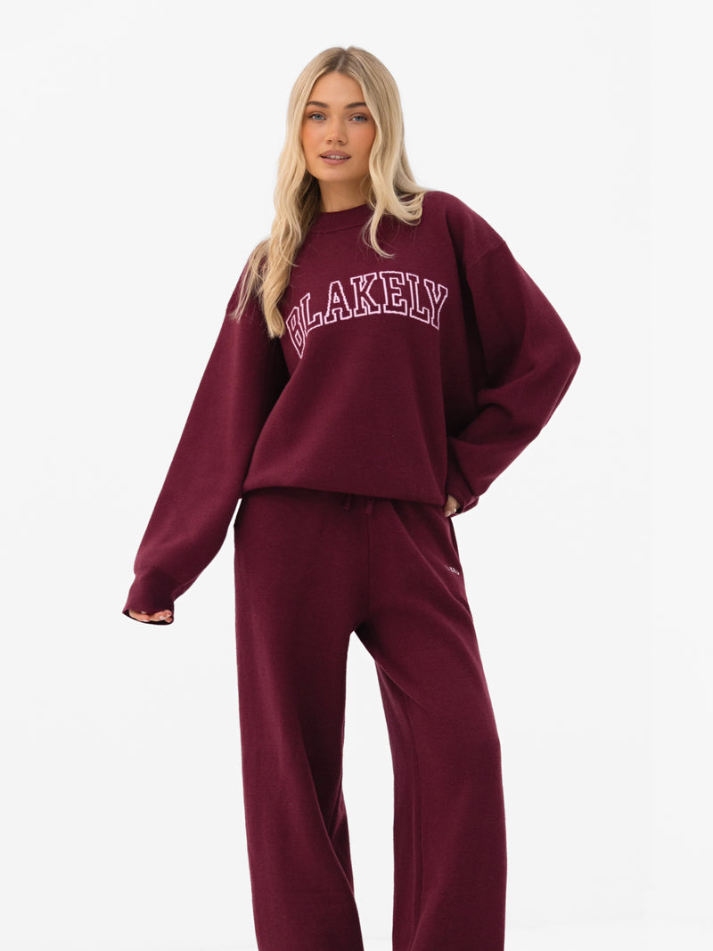 Varsity Knitted Wide Leg Sweatpants - Burgundy