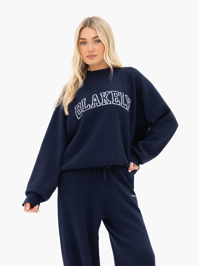 Varsity Knitted Wide Leg Sweatpants - Navy