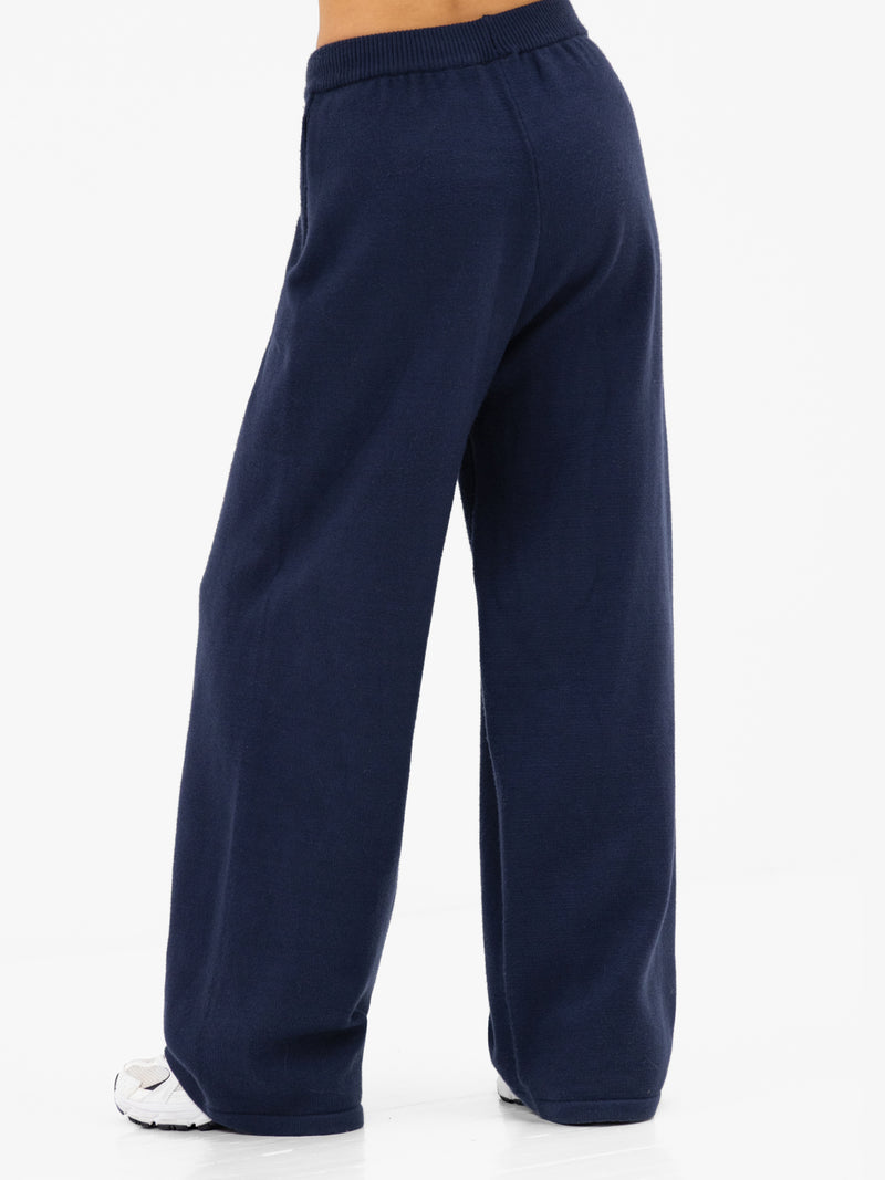 Varsity Knitted Wide Leg Sweatpants - Navy
