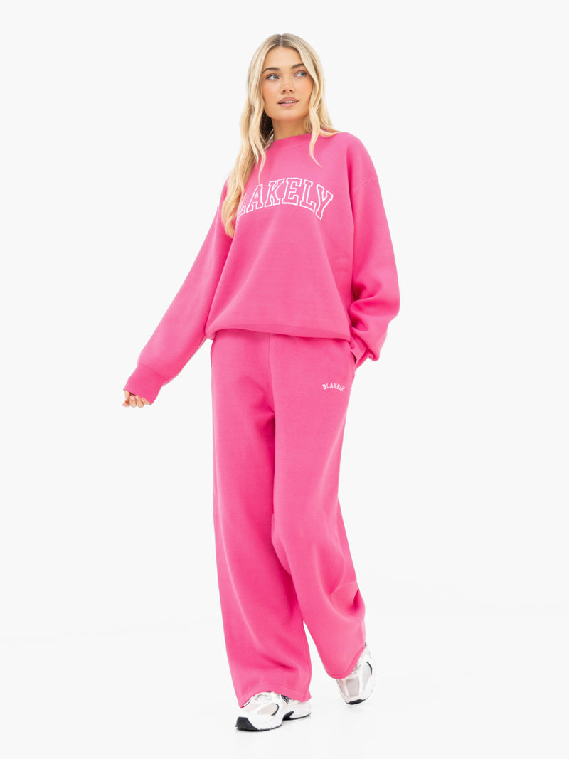 Varsity Knitted Wide Leg Sweatpants - Bright Pink
