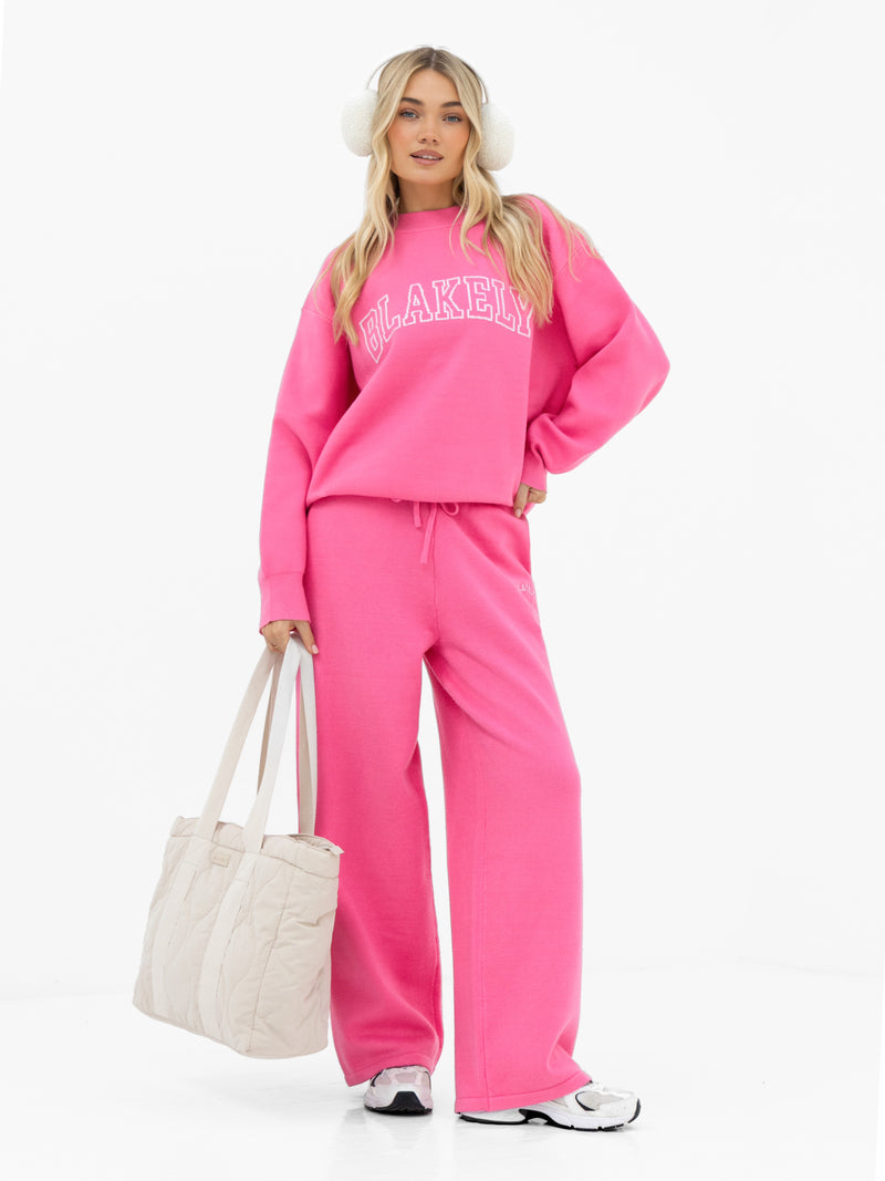 Varsity Knitted Wide Leg Sweatpants - Bright Pink