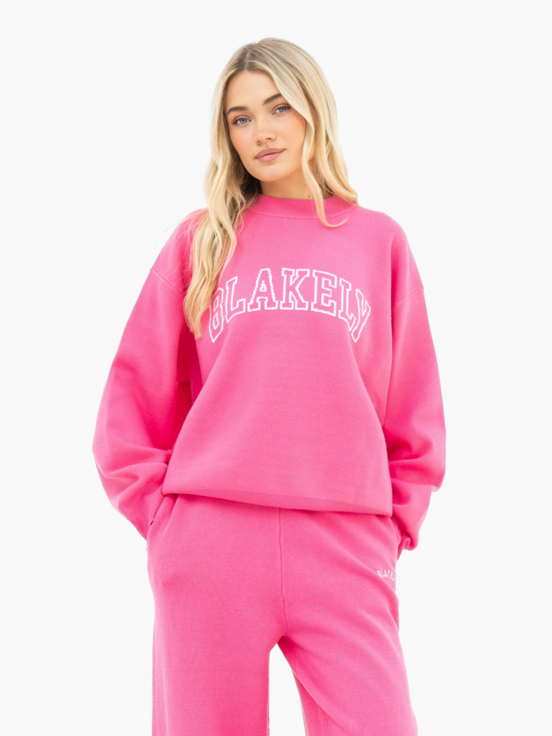Varsity Knitted Wide Leg Sweatpants - Bright Pink