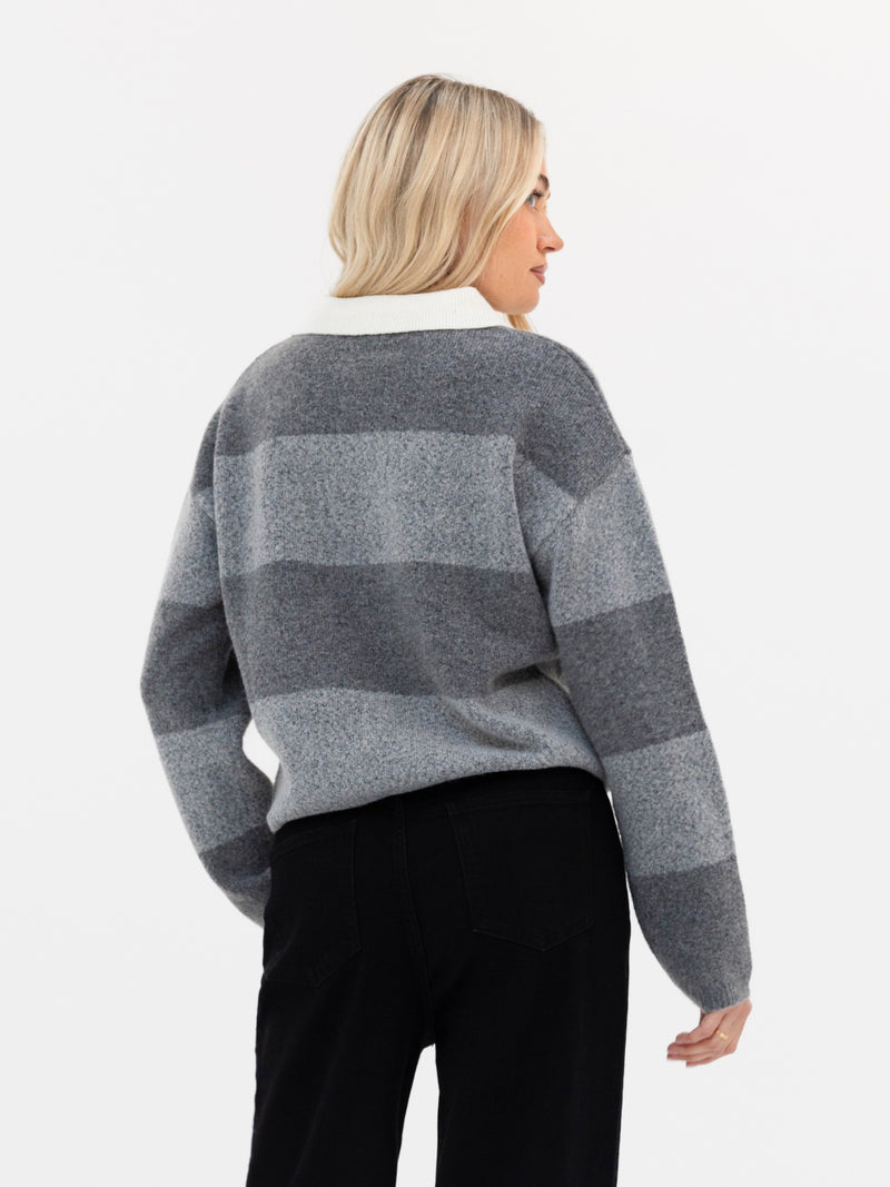 Tara Knitted Stripe Polo - Dark Grey Stripe