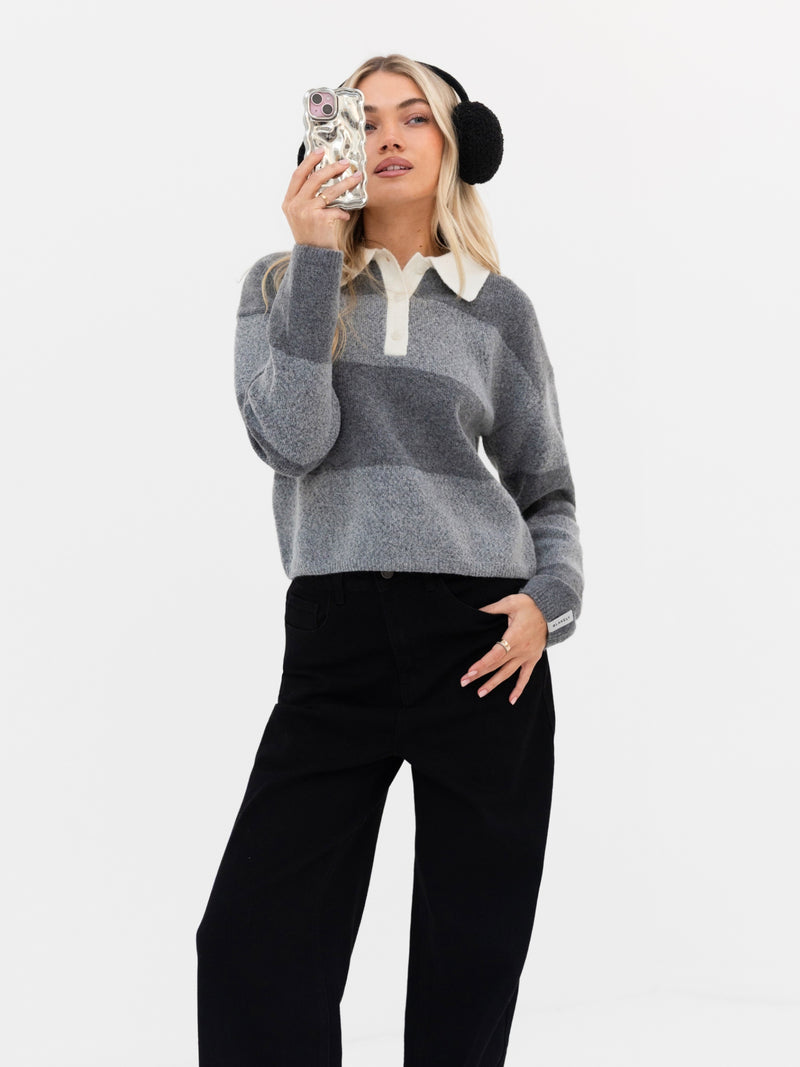 Tara Knitted Stripe Polo - Dark Grey Stripe