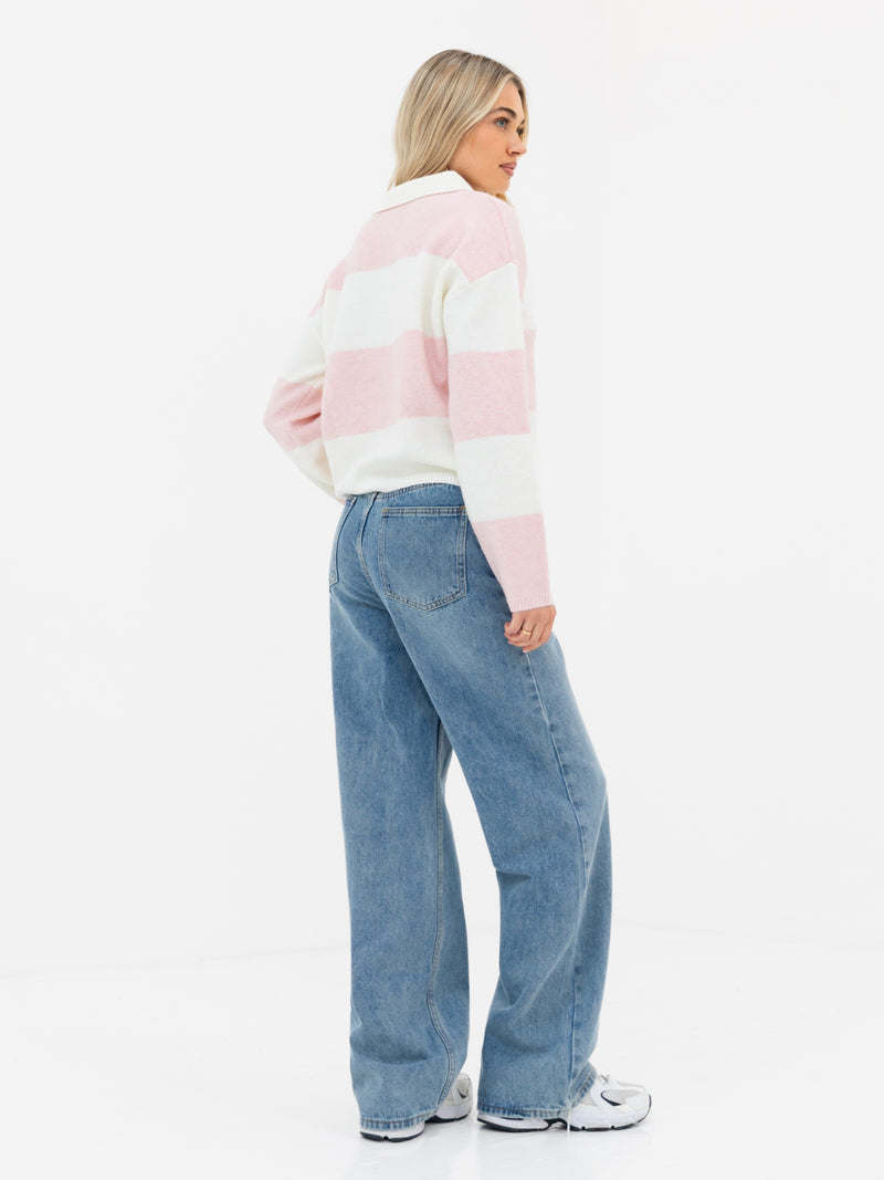 Tara Knitted Stripe Polo - Baby Pink Stripe