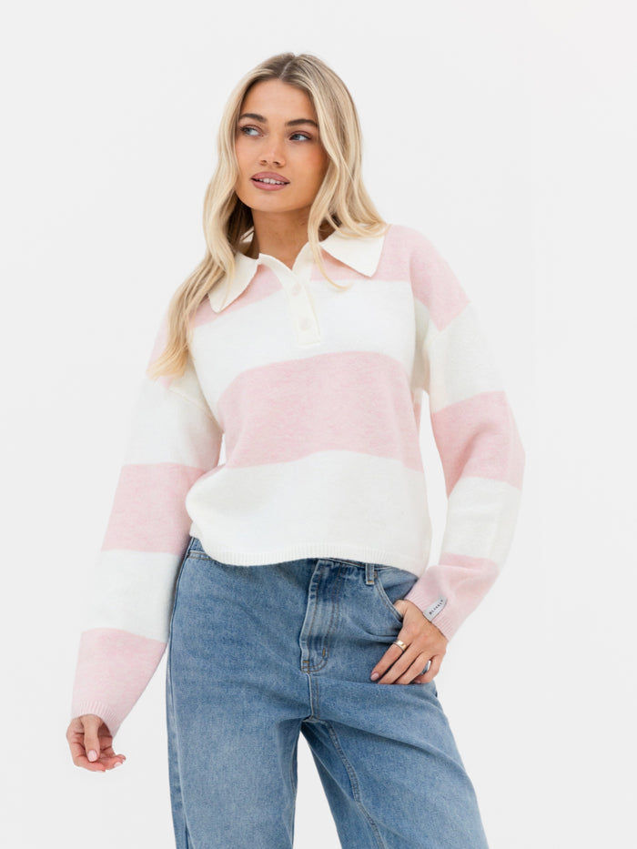 Tara Knitted Stripe Polo - Baby Pink Stripe