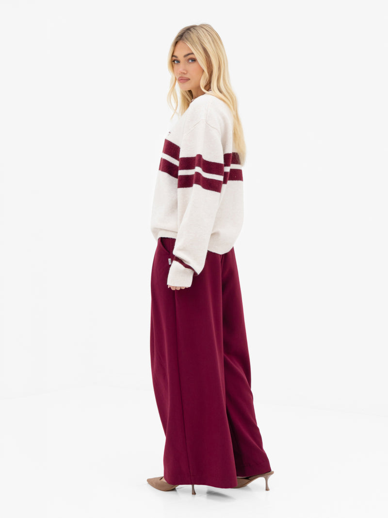 Mindy Stripe Knitted Sweater - Off White & Burgundy
