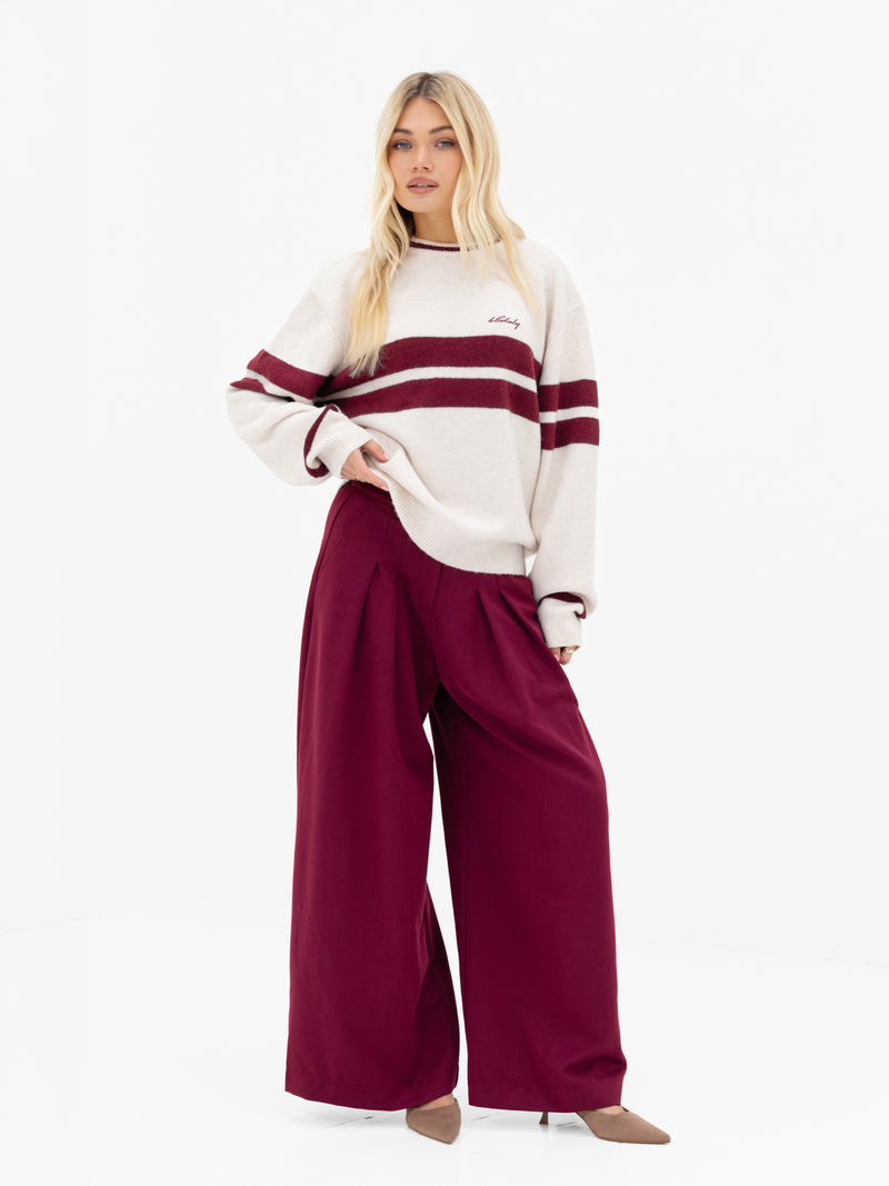 Mindy Stripe Knitted Sweater - Off White & Burgundy