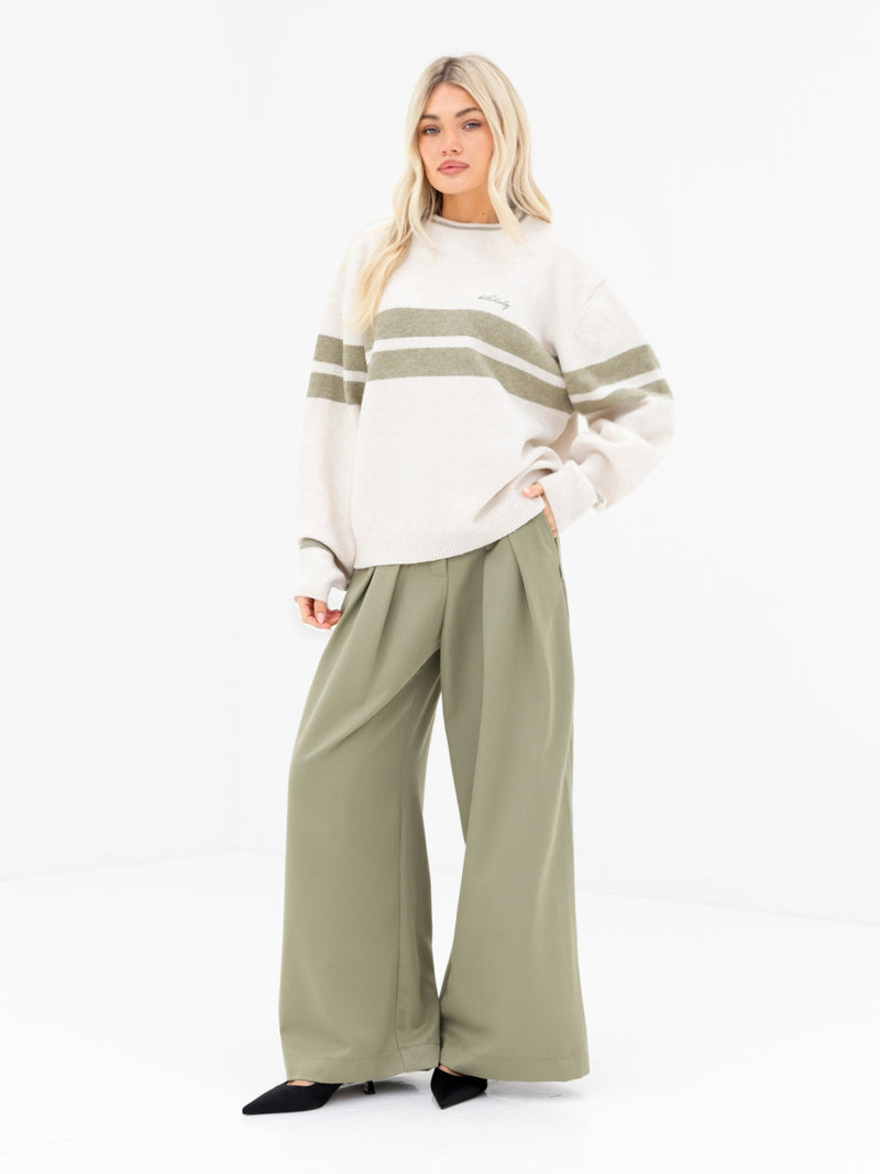 Mindy Stripe Knitted Sweater - Off White & Warm Olive