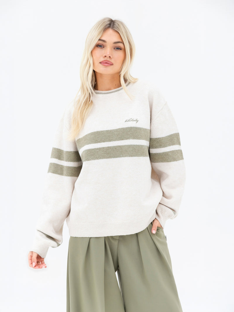 Mindy Stripe Knitted Sweater - Off White & Warm Olive