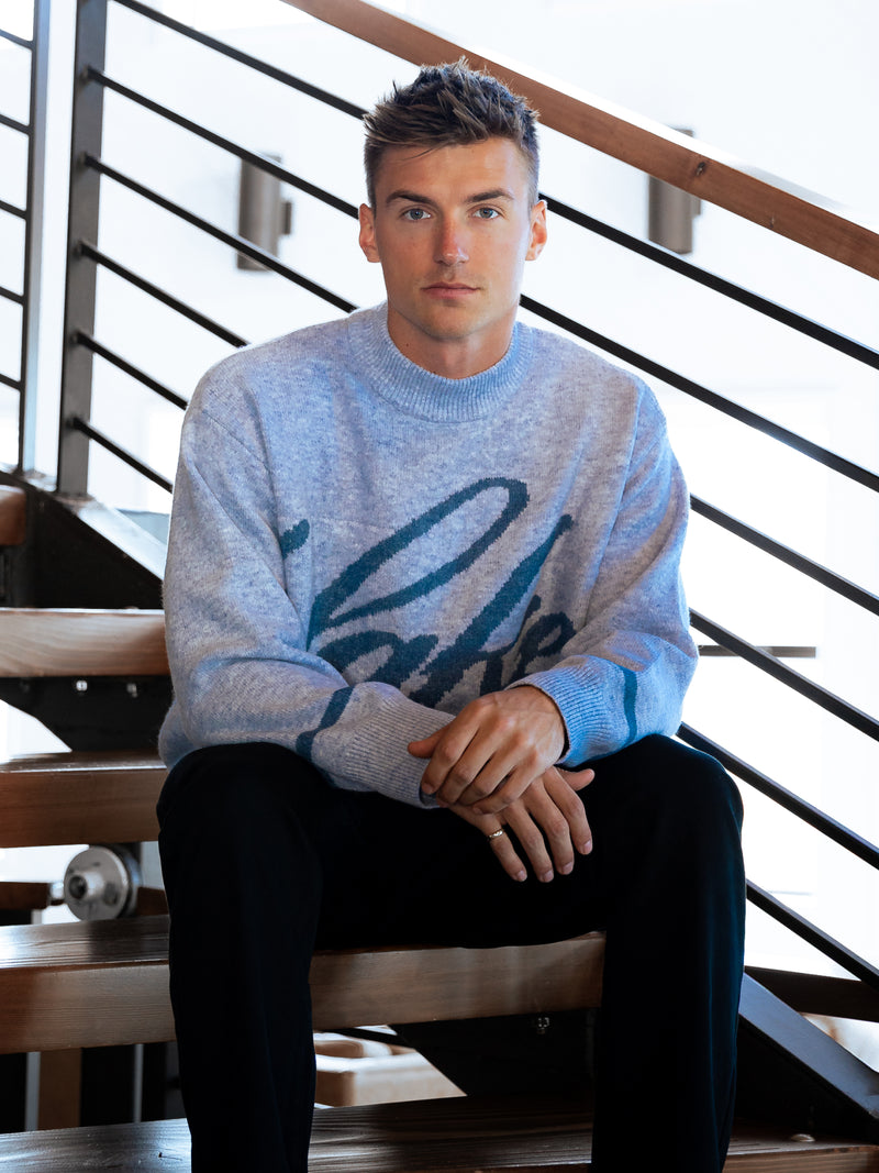 Relaxed Script Knitted Sweater - Icy Blue