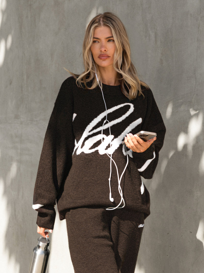 Margot Script Oversized Knitted Sweater - Chocolate Brown