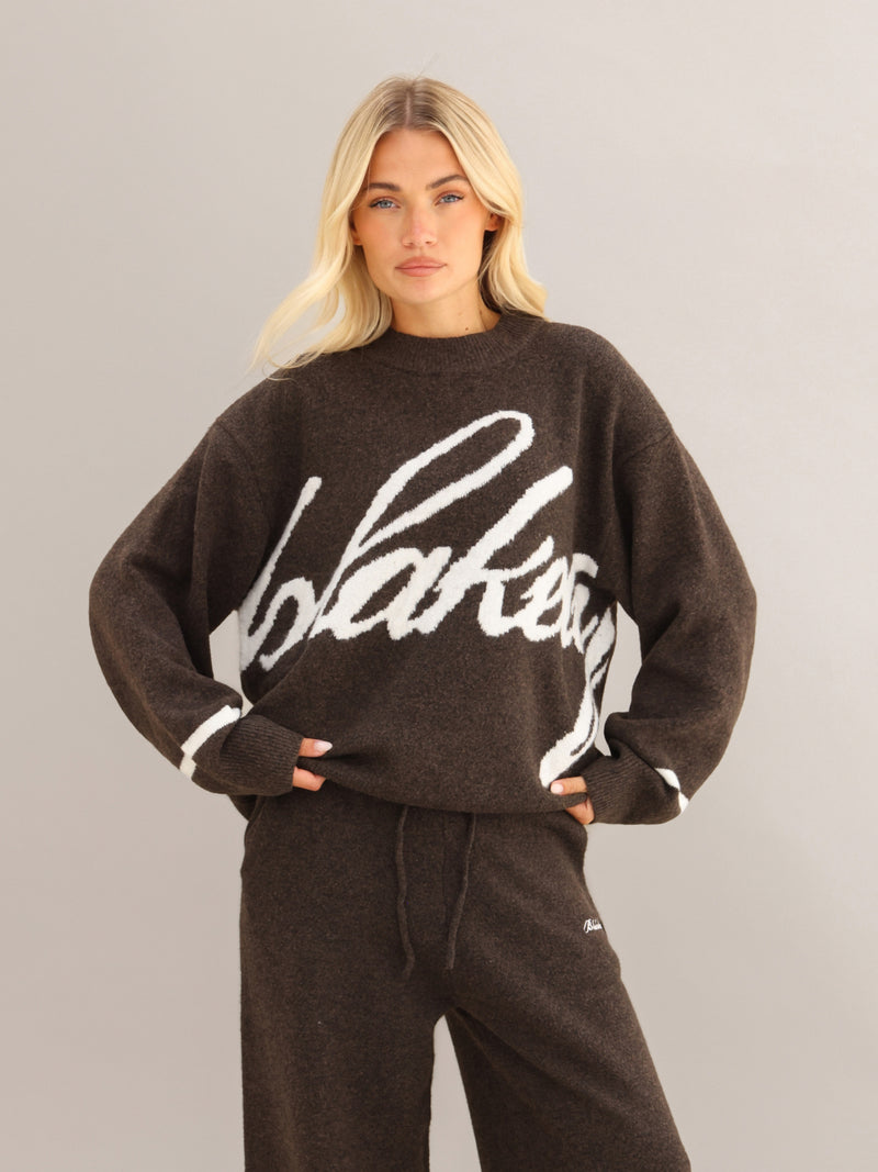 Margot Script Oversized Knitted Sweater - Chocolate Brown