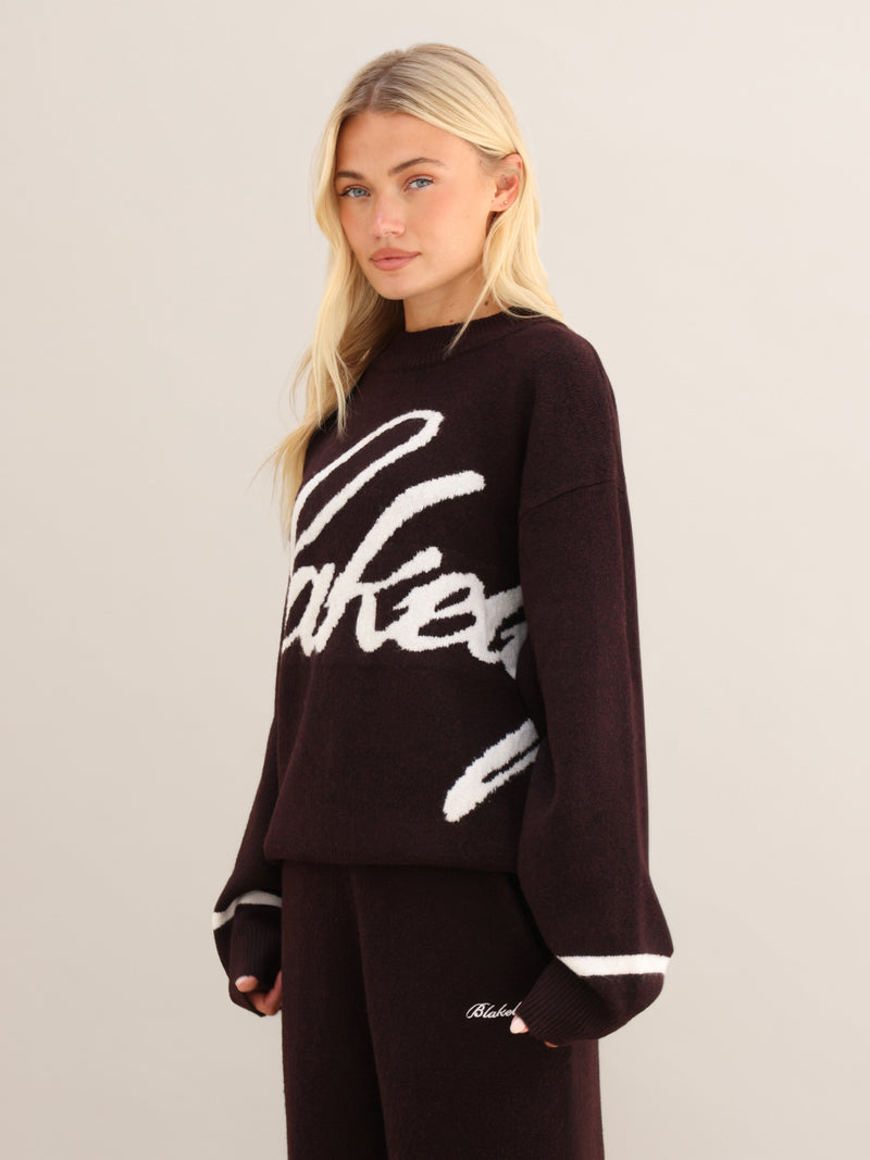 Margot Script Oversized Knitted Sweater - Dark Mulberry