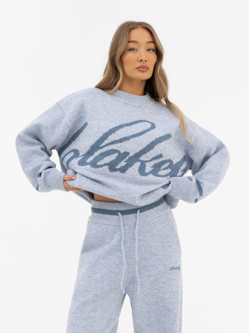 Margot Script Oversized Knitted Sweater - Icy Blue