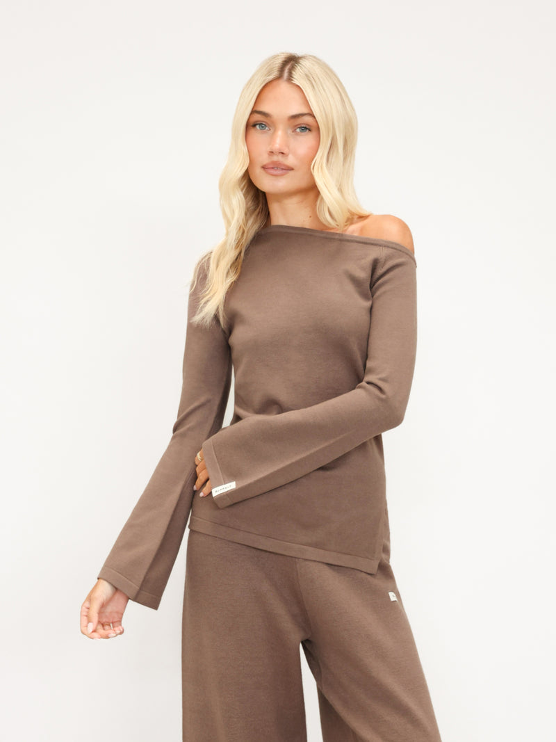 Layla Off The Shoulder Knitted Top - Rich Taupe