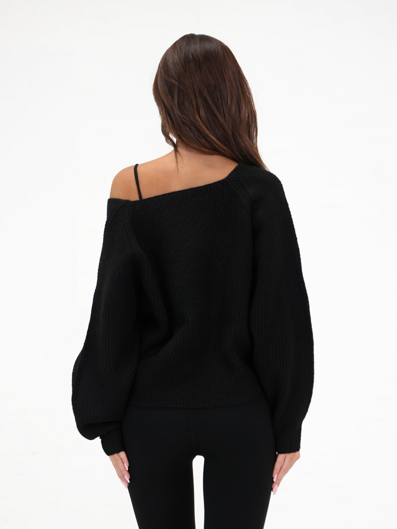 Enid Knitted Crossover Sweater - Black