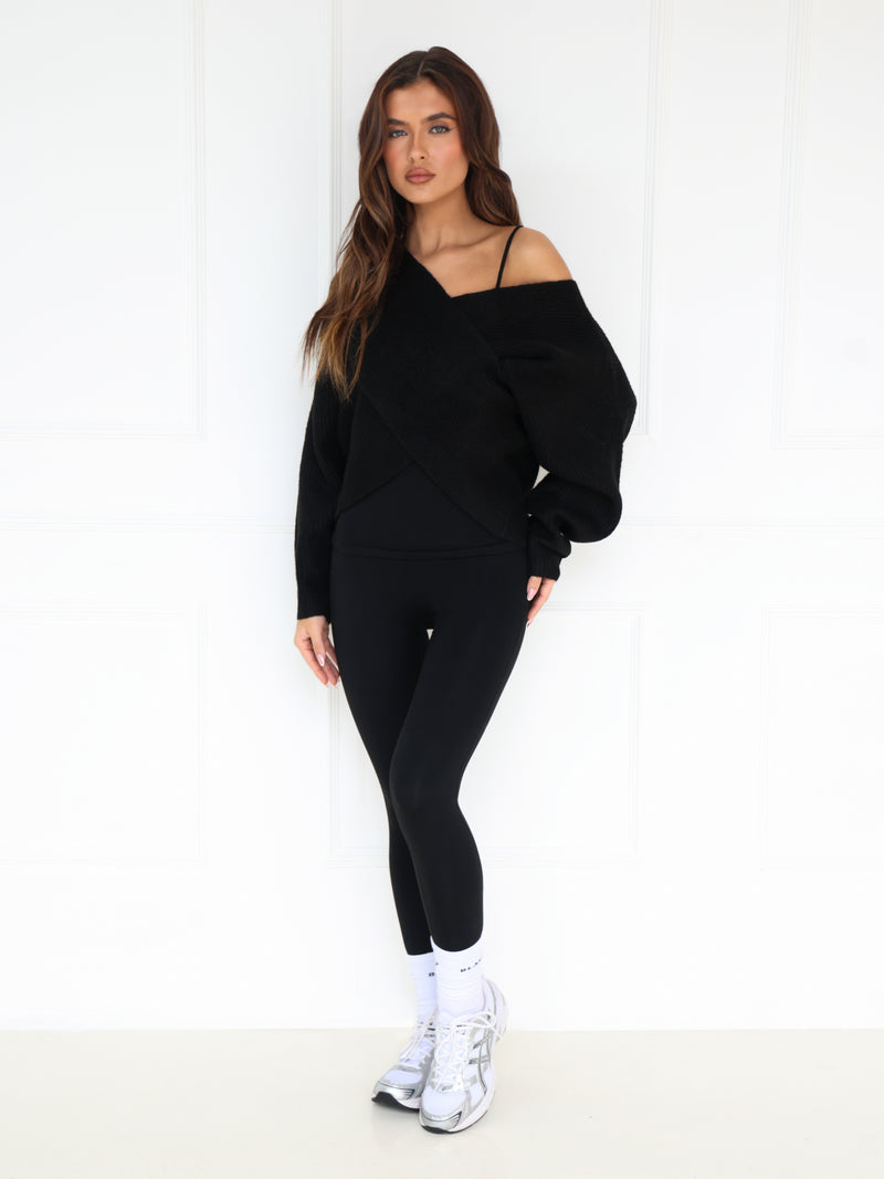 Enid Knitted Crossover Sweater - Black