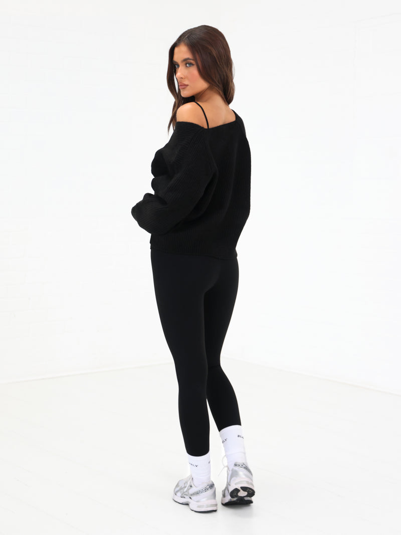 Enid Knitted Crossover Sweater - Black