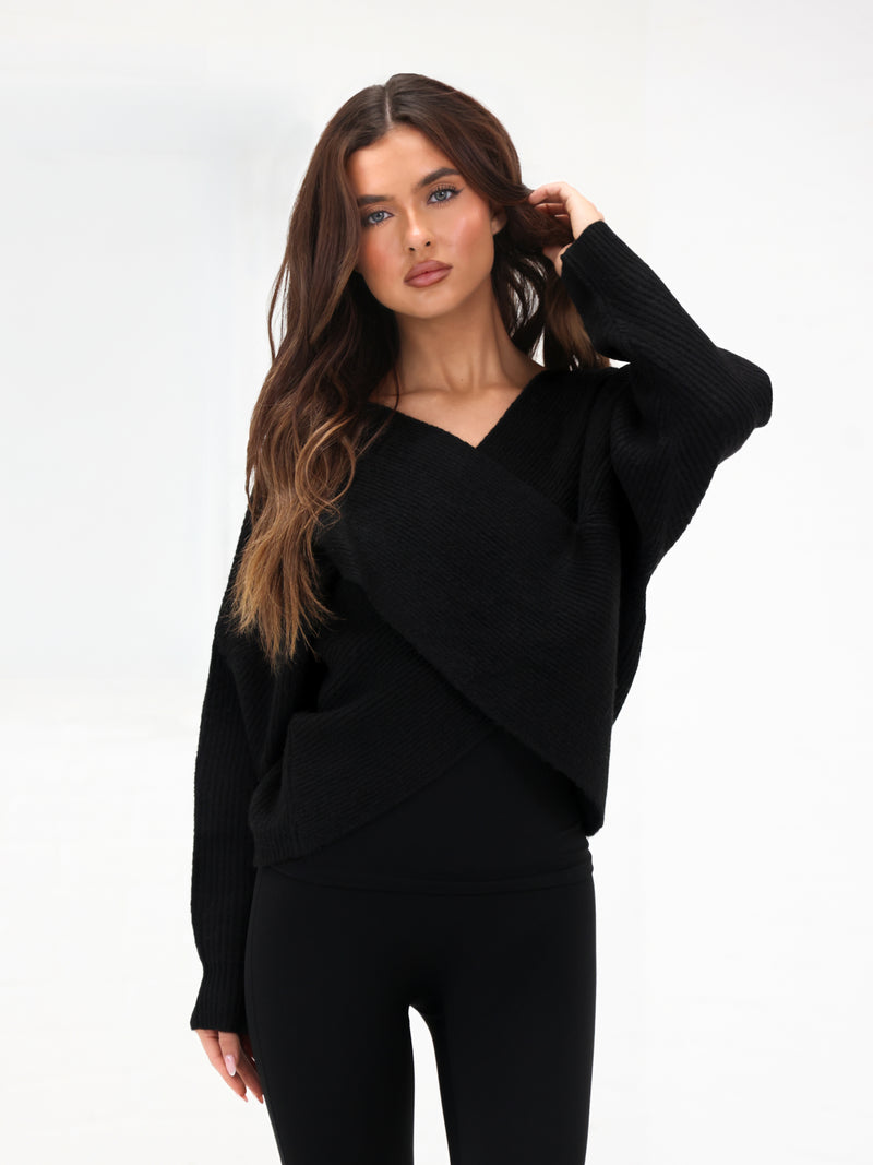 Enid Knitted Crossover Sweater - Black