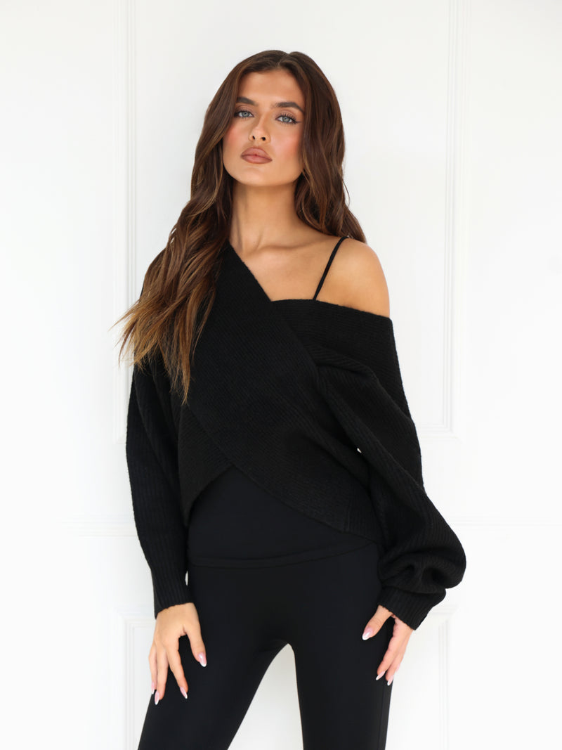Enid Knitted Crossover Sweater - Black