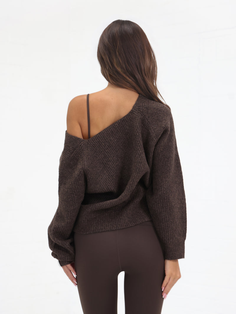 Enid Knitted Crossover Sweater - Chocolate Brown