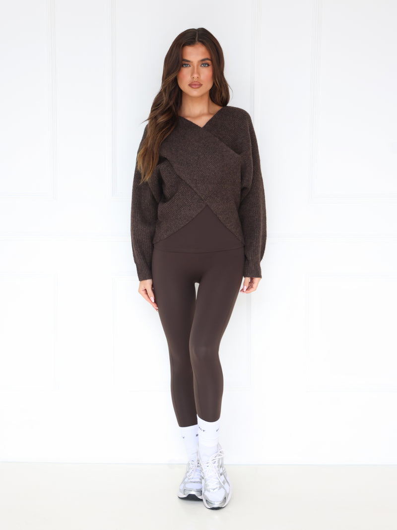 Enid Knitted Crossover Sweater - Chocolate Brown