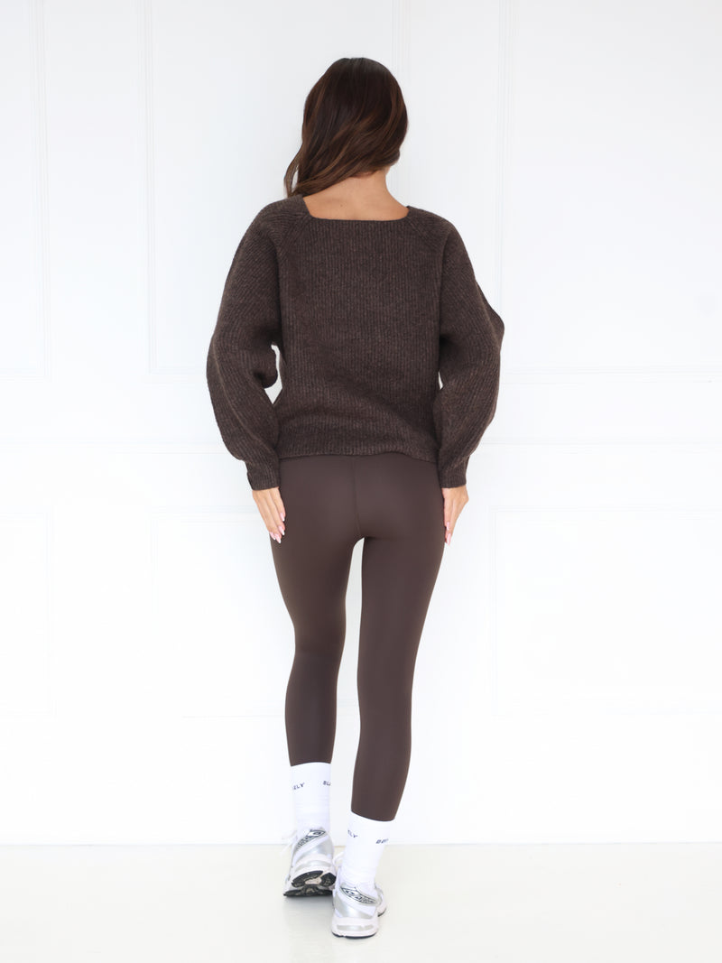 Enid Knitted Crossover Sweater - Chocolate Brown
