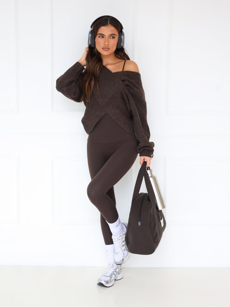 Enid Knitted Crossover Sweater - Chocolate Brown