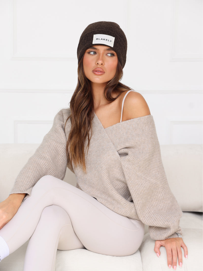 Enid Knitted Crossover Sweater - Toasted Taupe