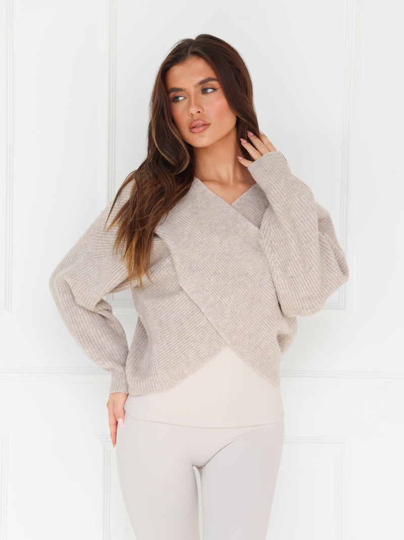 Enid Knitted Crossover Sweater - Toasted Taupe