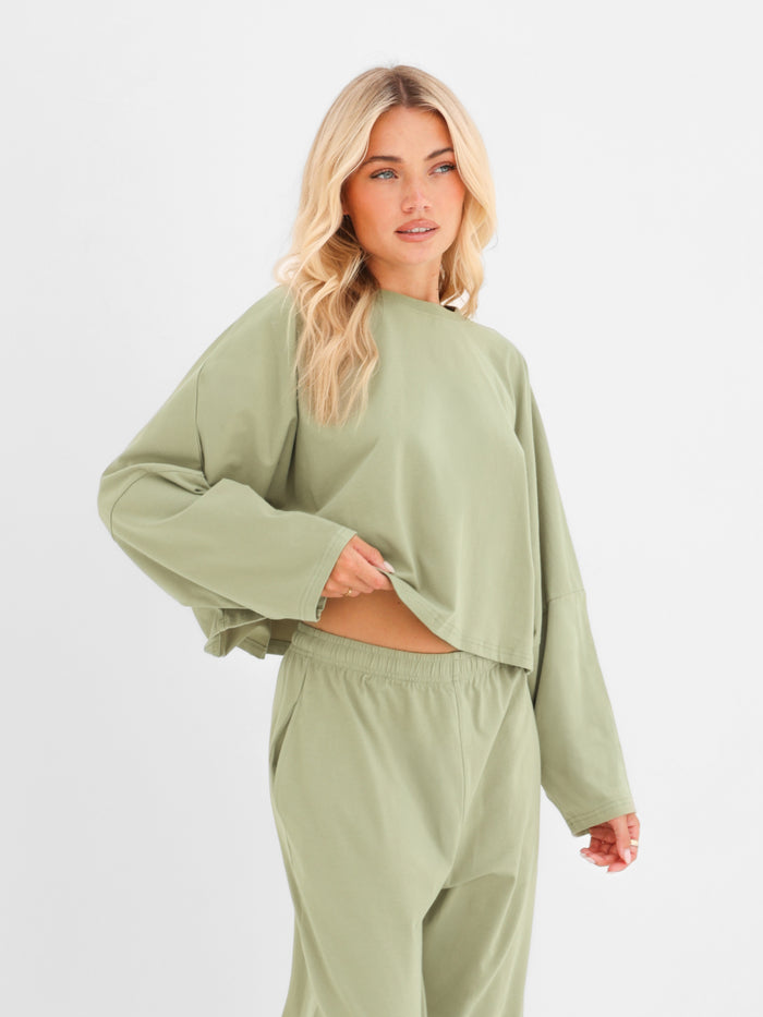 Ayla Batwing Cotton Top - Warm Green