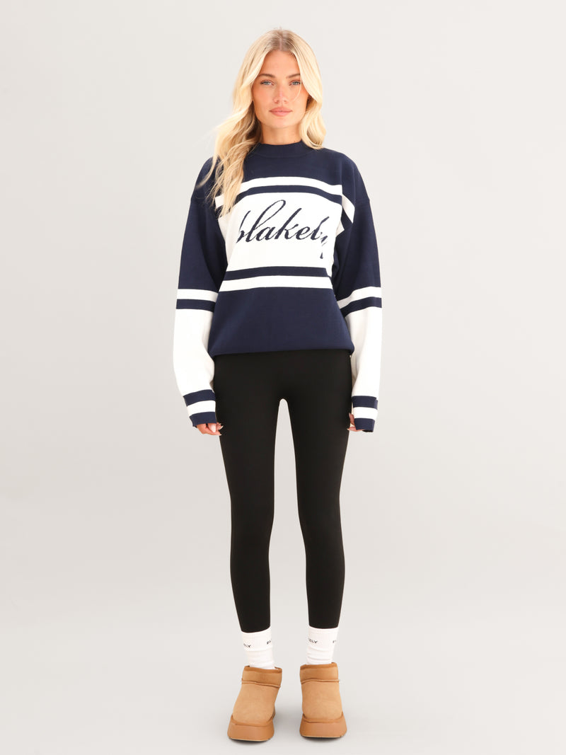 Margot Oversized Knitted Panel Sweater - True Navy & White