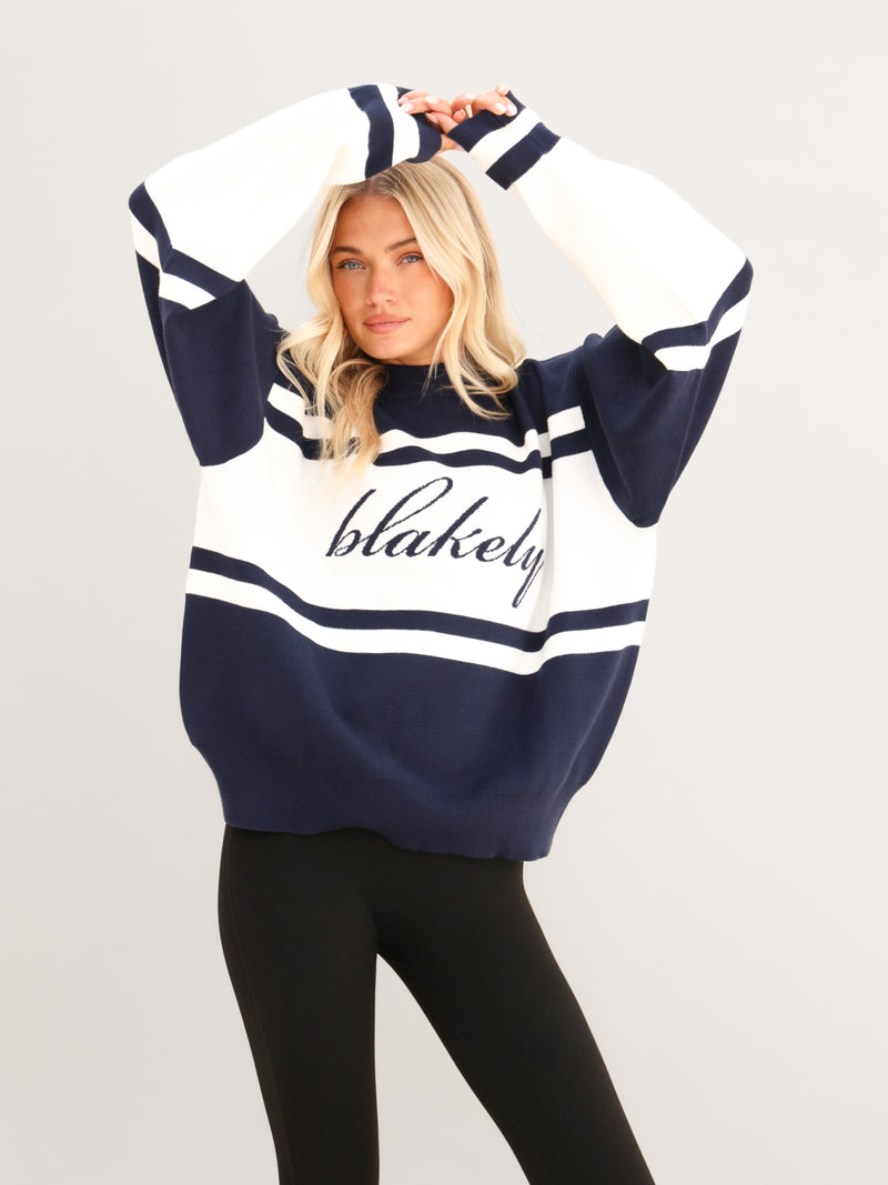 Margot Oversized Knitted Panel Sweater - True Navy & White
