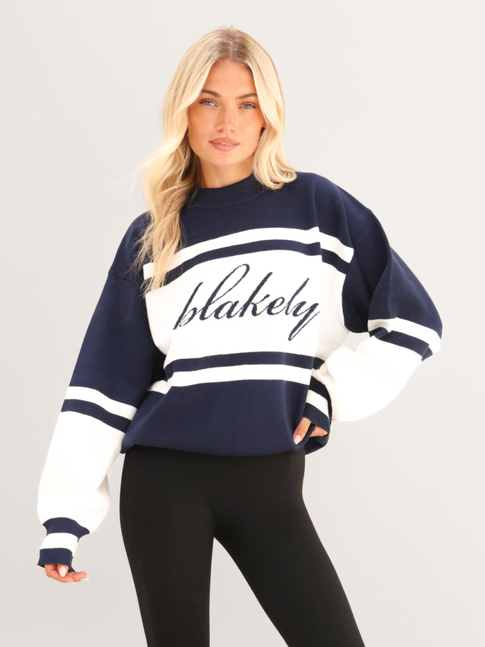 Margot Oversized Knitted Panel Sweater - True Navy & White