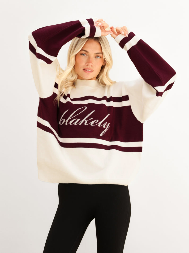 Margot Oversized Knitted Panel Jumper - Off White & Dark Cherry