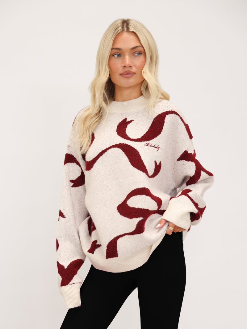 Bella Bow Knitted Sweater - Off White & Red