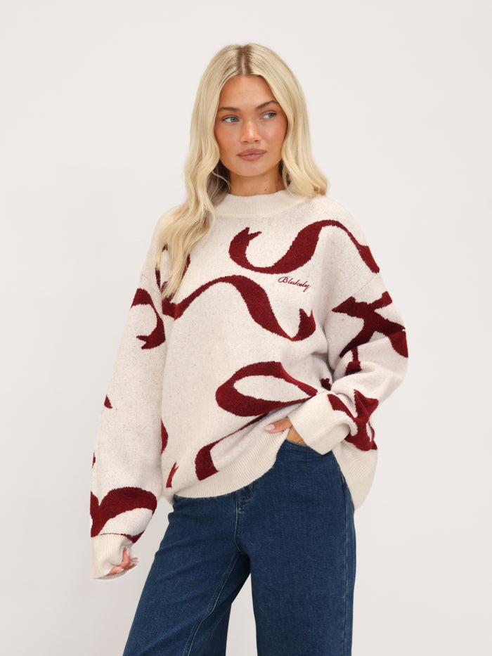 Bella Bow Knitted Sweater - Off White & Red