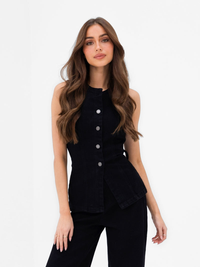 Blakely Denim Button Up Top - Black