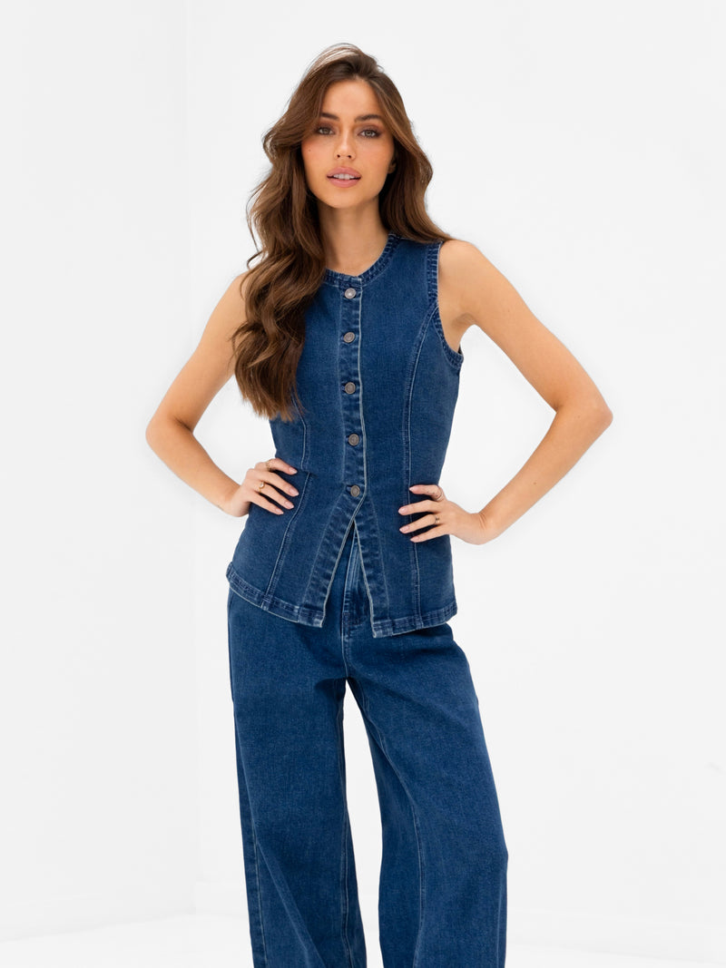 Blakely Denim Button Up Top - Dark Blue Wash