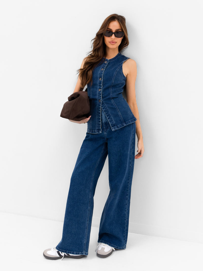 Blakely Denim Button Up Top - Dark Blue Wash