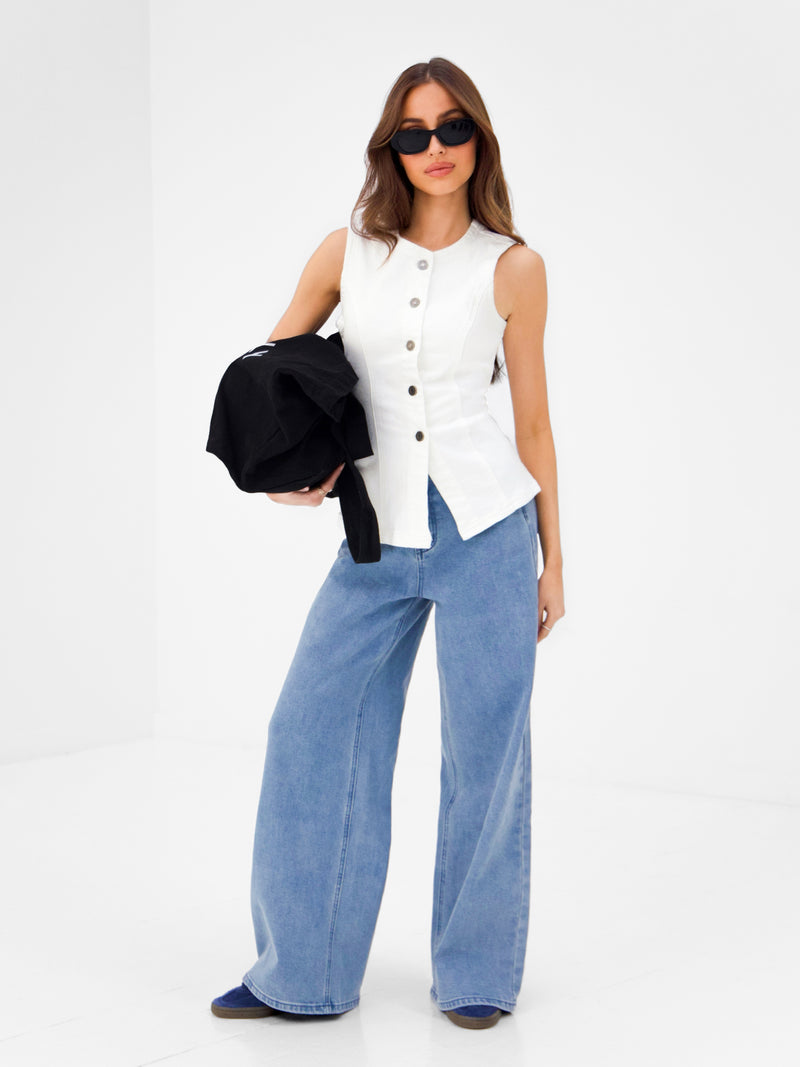 Blakely Denim Button Up Top - White