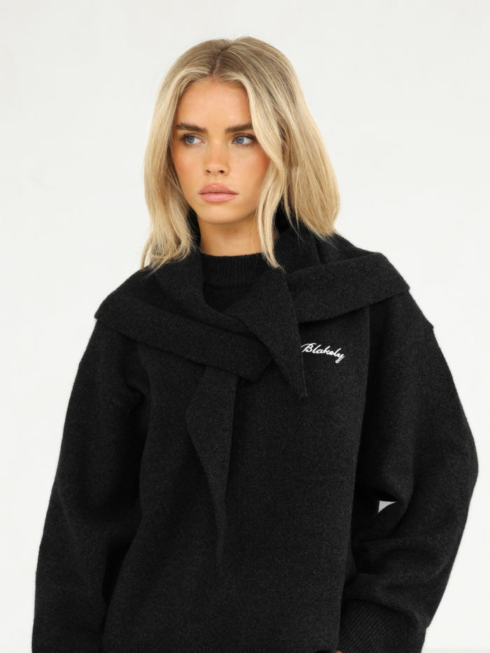 Label Knitted Triangle Scarf - Black